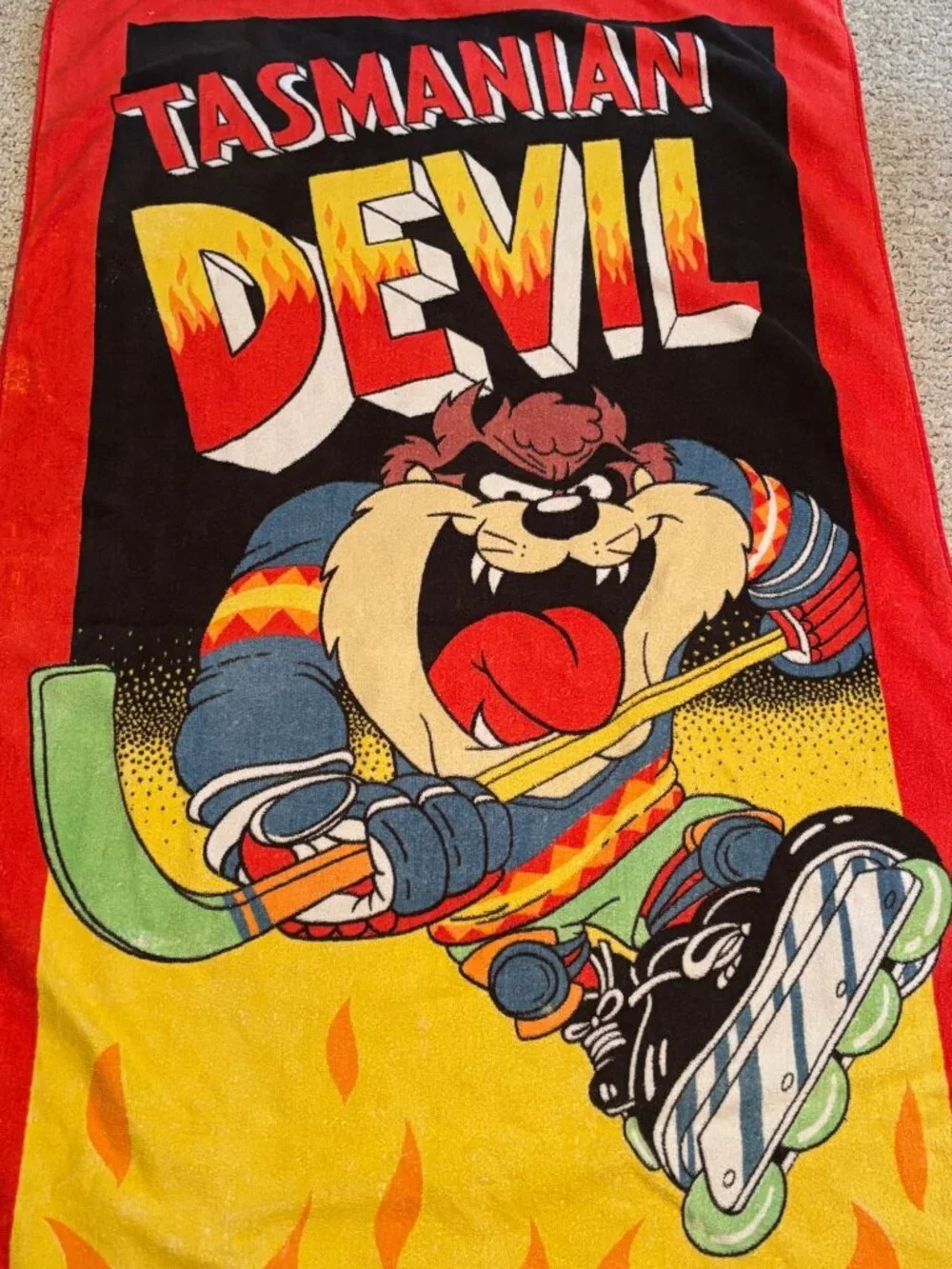 Vintage Tasmanian Devil Hockey Graphic Beach Towel Looney Tunes Red Flame Design